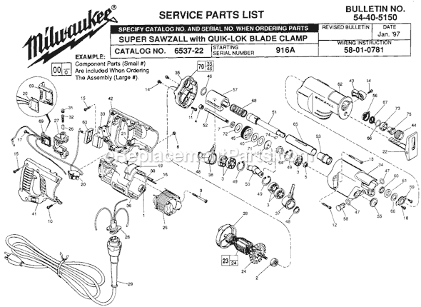 Page A Diagram and Parts List for 6537-22 SER 916A Milwaukee Reciprocating Saw