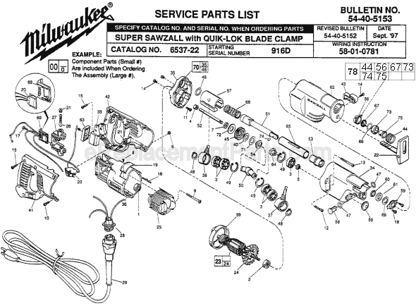 Page A Diagram and Parts List for 6537-22 SER 916D Milwaukee Reciprocating Saw