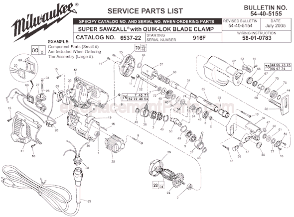 Page A Diagram and Parts List for 6537-22 SER 916F Milwaukee Reciprocating Saw