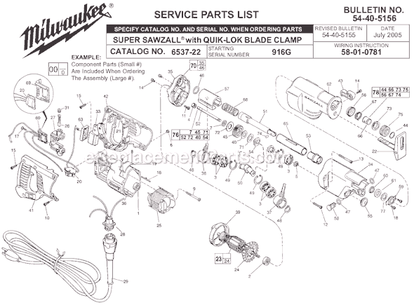 Page A Diagram and Parts List for 6537-22 SER 916G Milwaukee Reciprocating Saw