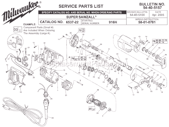 Page A Diagram and Parts List for 6537-22 SER 916H Milwaukee Reciprocating Saw