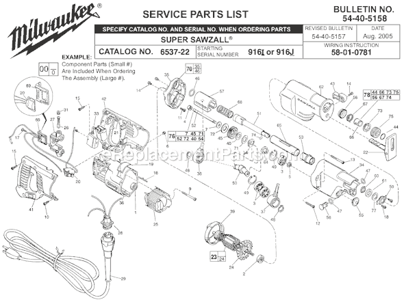Page A Diagram and Parts List for 6537-22 SER 916J Milwaukee Reciprocating Saw