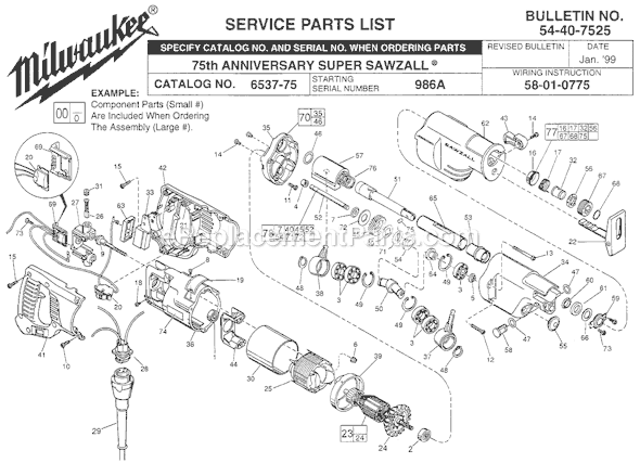 Page A Diagram and Parts List for 6537-75 SER 986A Milwaukee Reciprocating Saw