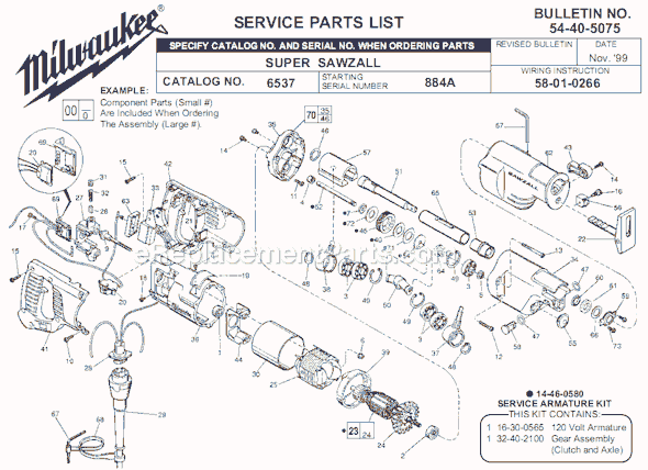 Page A Diagram and Parts List for 6537 SER 884A Milwaukee Reciprocating Saw