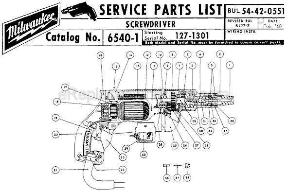 Page A Diagram and Parts List for 6540-1 SER 127-1301 Milwaukee Electric Drill