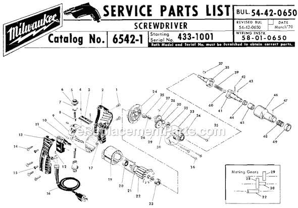 Page A Diagram and Parts List for 6542-1 SER 433-1001 Milwaukee Electric Drill