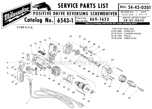 Page A Diagram and Parts List for 6543-1 SER 469-1652 Milwaukee Electric Drill