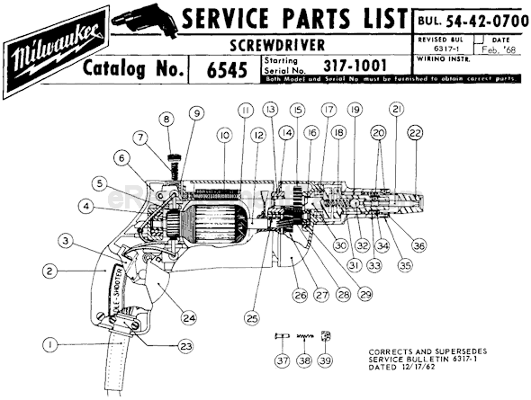 Page A Diagram and Parts List for 6545 SER 317-1001 Milwaukee Electric Drill