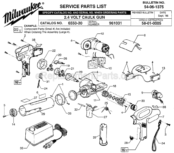 Page A Diagram and Parts List for 6550-20 SER 961031 Milwaukee Caulking Gun