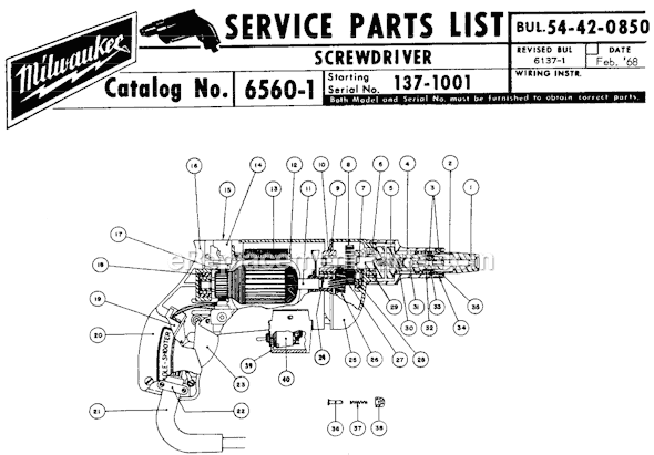Page A Diagram and Parts List for 6560-1 SER 137-1001 Milwaukee Electric Drill