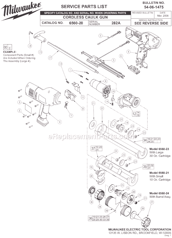 Page A Diagram and Parts List for 6560-23 SER 282A Milwaukee Caulking Gun