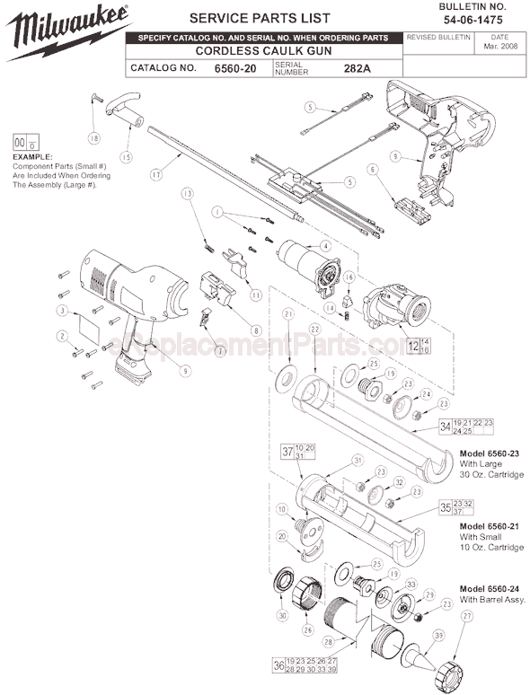 Page A Diagram and Parts List for 6560-24 SER 282A Milwaukee Caulking Gun