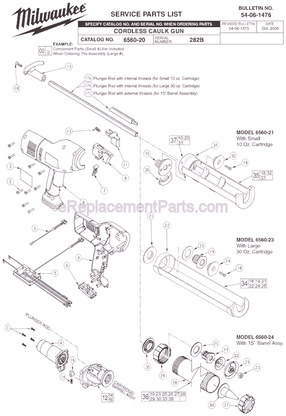 Page A Diagram and Parts List for 6560-24 SER 282B Milwaukee Caulking Gun