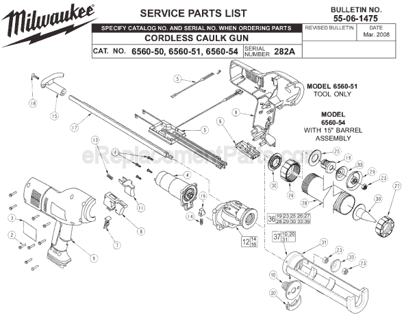 Page A Diagram and Parts List for 6560-51 SER 282A Milwaukee Caulking Gun