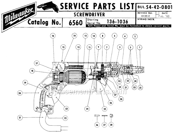 Page A Diagram and Parts List for 6560 SER 136-1036 Milwaukee Electric Drill