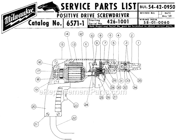 Page A Diagram and Parts List for 6571-1 SER 426-1001 Milwaukee Electric Drill