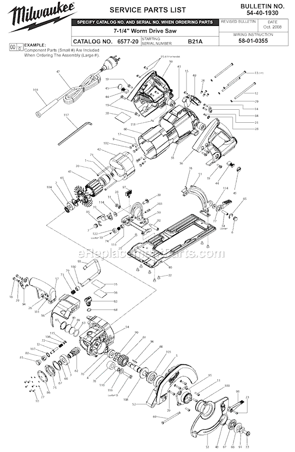 Page A Diagram and Parts List for 6577-20 SER B21A Milwaukee Circular Saw