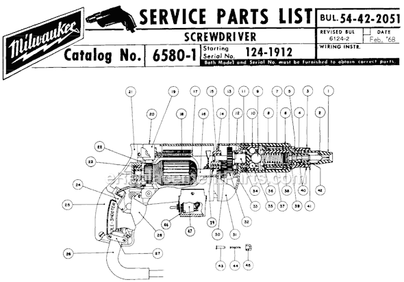 Page A Diagram and Parts List for 6580-1 SER 124-1912 Milwaukee Electric Drill
