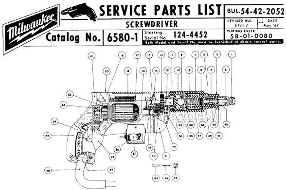 Page A Diagram and Parts List for 6580-1 SER 124-4452 Milwaukee Electric Drill