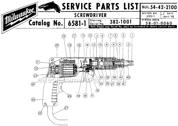Page A Diagram and Parts List for 6581-1 SER 382-1001 Milwaukee Electric Drill