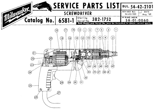 Page A Diagram and Parts List for 6581-1 SER 382-1752 Milwaukee Electric Drill