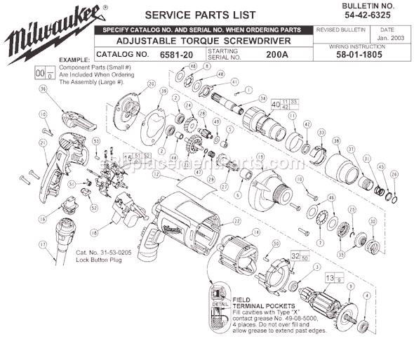 Page A Diagram and Parts List for 6581-20 SER 200A Milwaukee Electric Drill