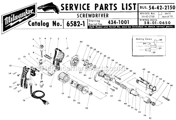 Page A Diagram and Parts List for 6582-1 SER 434-1001 Milwaukee Electric Drill