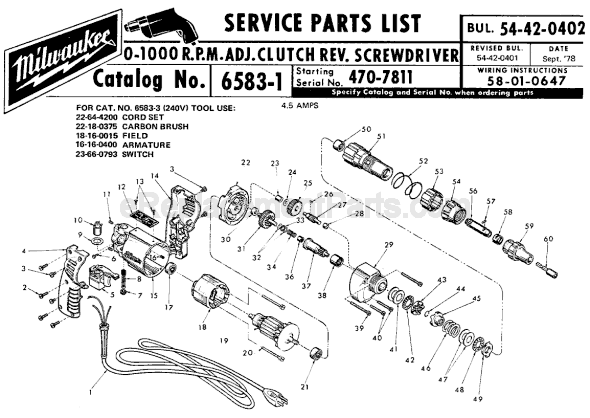 Page A Diagram and Parts List for 6583-1 SER 470-7811 Milwaukee Electric Drill