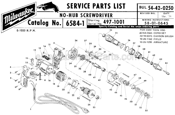 Page A Diagram and Parts List for 6584-1 SER 497-1001 Milwaukee Electric Drill