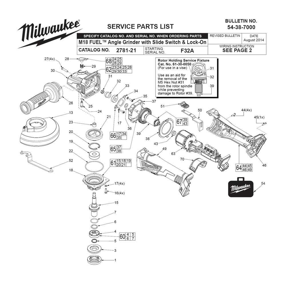 Fig-0 Diagram and Parts List for 2781-21 F32A Milwaukee Angle Grinder