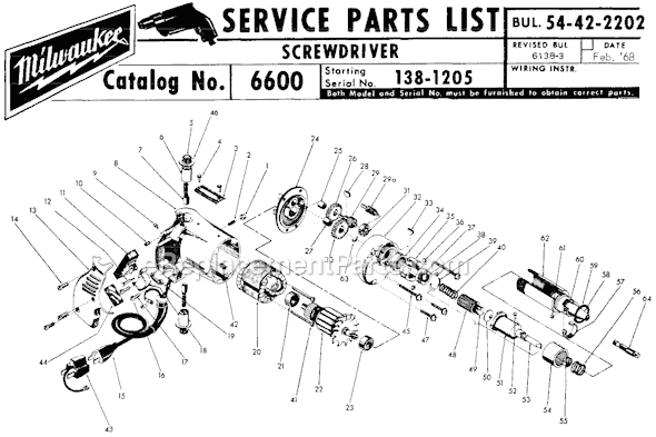 Page A Diagram and Parts List for 6600 SER 138-1205 Milwaukee Electric Drill