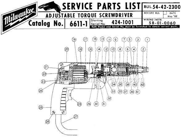 Page A Diagram and Parts List for 6611-1 SER 424-1001 Milwaukee Electric Drill
