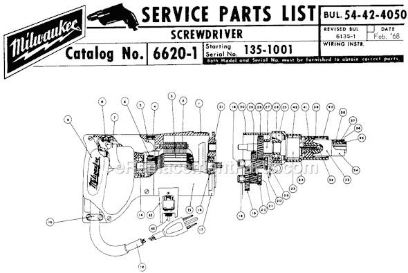 Page A Diagram and Parts List for 6620-1 SER 135-1001 Milwaukee Electric Drill