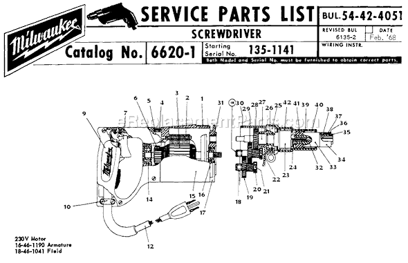 Page A Diagram and Parts List for 6620-1 SER 135-1141 Milwaukee Electric Drill