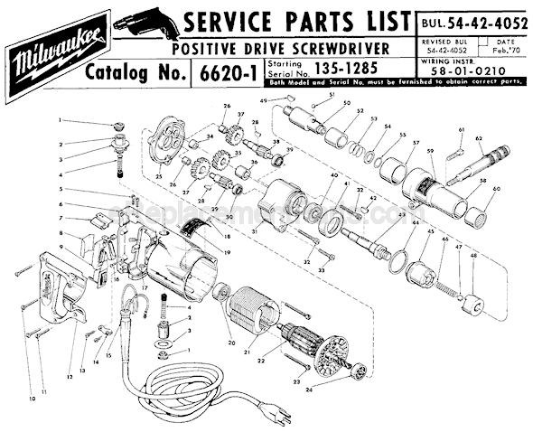 Page A Diagram and Parts List for 6620-1 SER 135-1285 Milwaukee Electric Drill