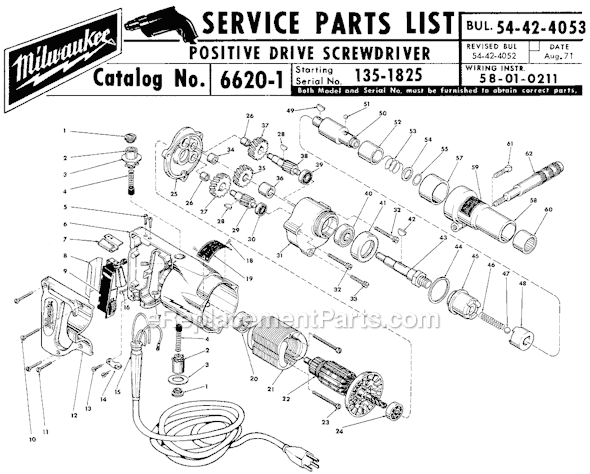Page A Diagram and Parts List for 6620-1 SER 135-1825 Milwaukee Electric Drill