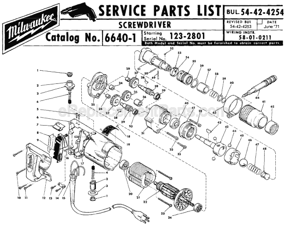 Page A Diagram and Parts List for 6640-1 SER 123-2801 Milwaukee Electric Drill