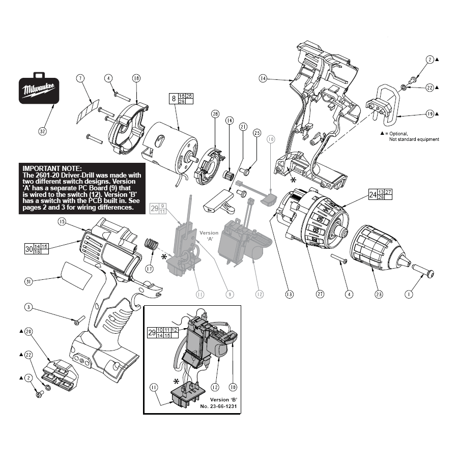 Fig-0 Diagram and Parts List for 2601-20  Milwaukee Cordless Drill