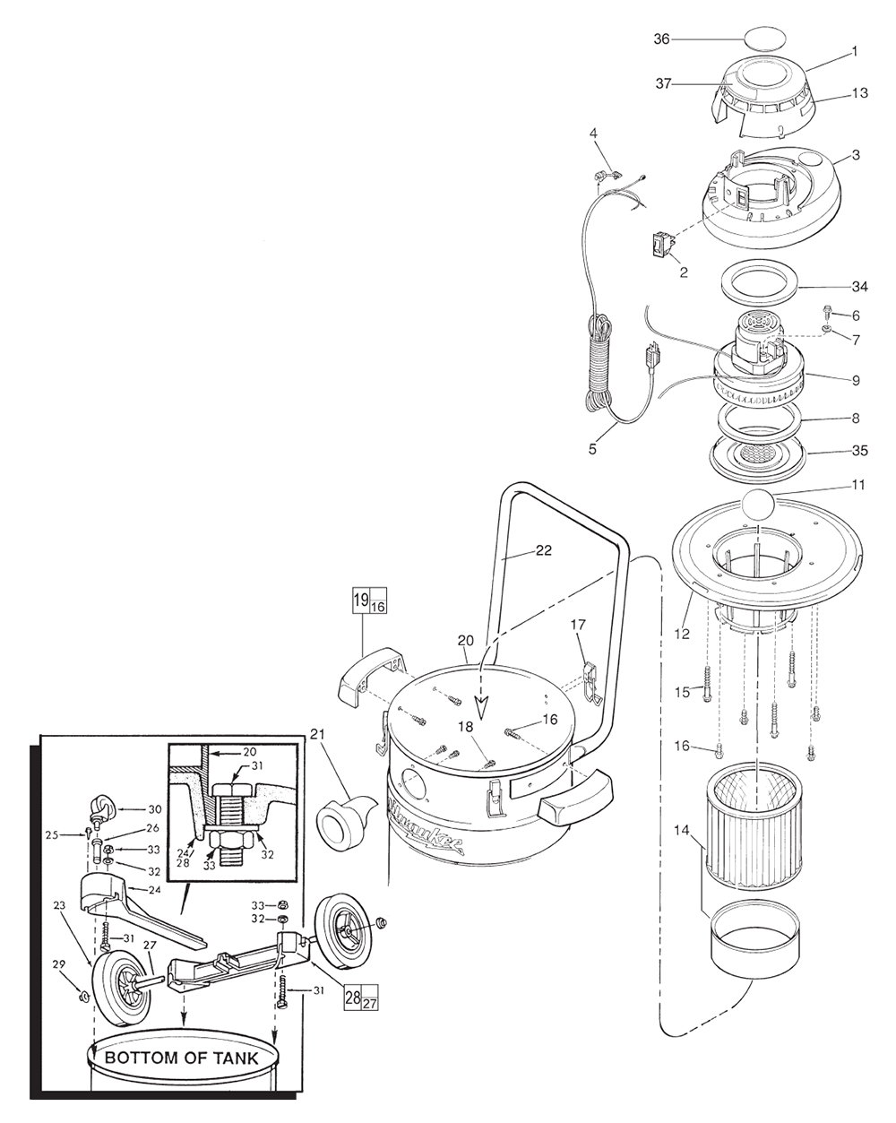 Fig-0 Diagram and Parts List for 8955 SERIES-S10 Milwaukee Utility Vacuum