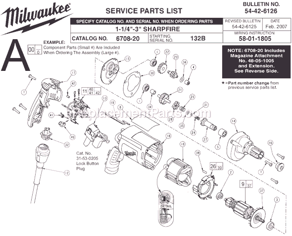 Page A Diagram and Parts List for 6708-20 SER 132B Milwaukee Electric Drill