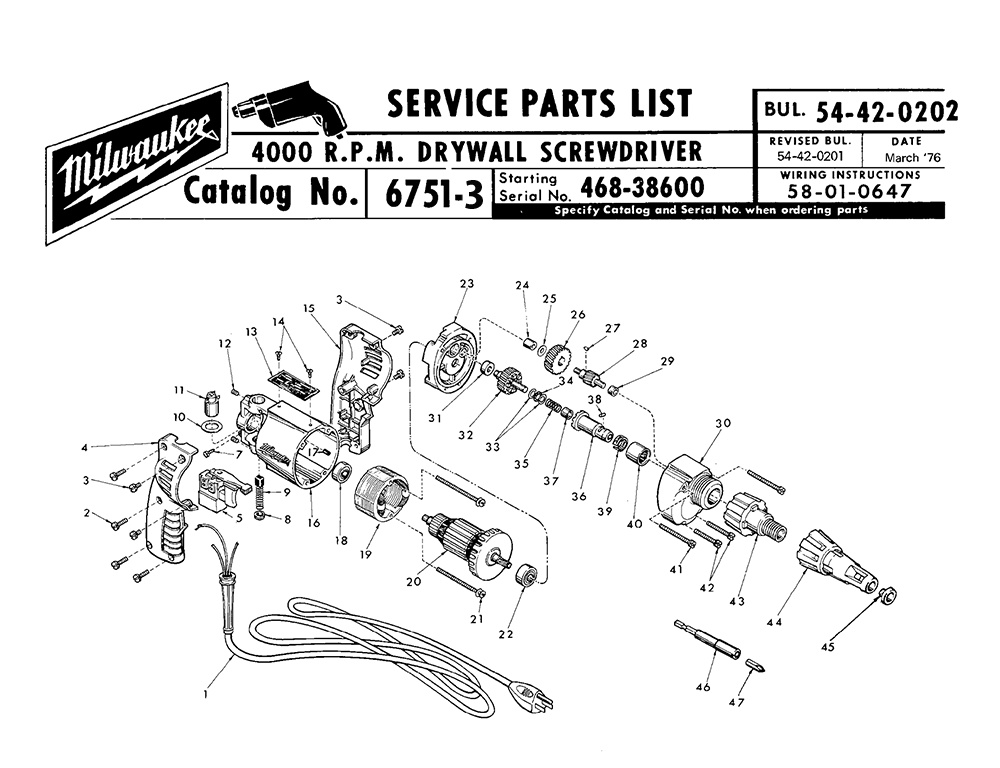 Fig-0 Diagram and Parts List for 6751-3 468-38600 Milwaukee Electric Drill