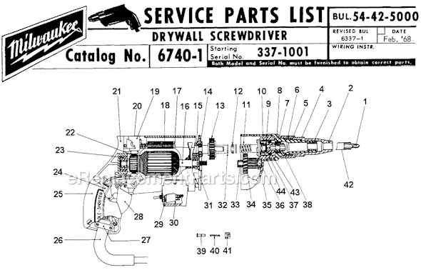 Page A Diagram and Parts List for 6740-1 SER 337-1001 Milwaukee Electric Drill