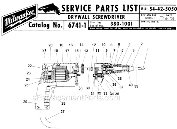 Page A Diagram and Parts List for 6741-1 SER 380-1001 Milwaukee Electric Drill