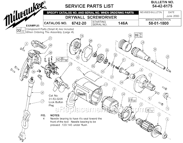 Page A Diagram and Parts List for 6742-20 SER 146A Milwaukee Electric Drill