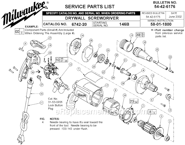 Page A Diagram and Parts List for 6742-20 SER 146B Milwaukee Electric Drill