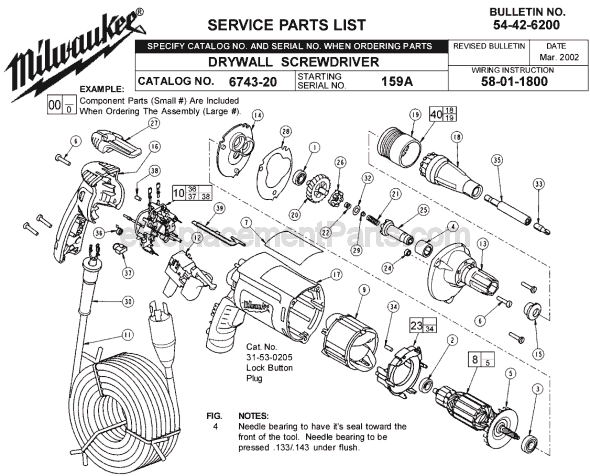 Page A Diagram and Parts List for 6743-20 SER 159A Milwaukee Electric Drill
