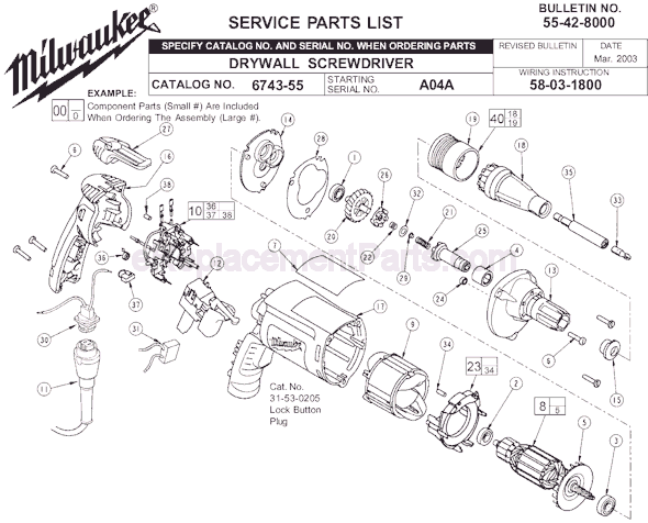 Page A Diagram and Parts List for 6743-55 SER A04A Milwaukee Electric Drill