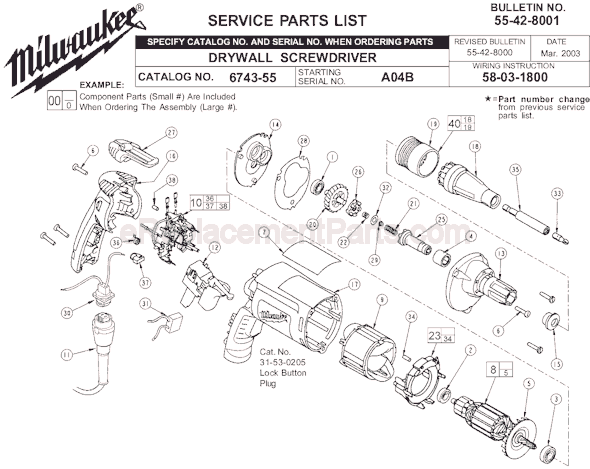 Page A Diagram and Parts List for 6743-55 SER A04B Milwaukee Electric Drill
