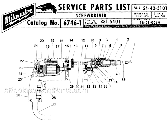Page A Diagram and Parts List for 6746-1 SER 381-5401 Milwaukee Electric Drill