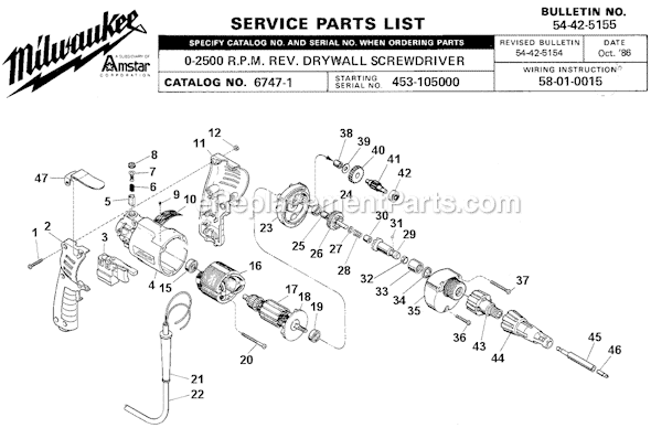 Page A Diagram and Parts List for 6747-1 SER 453-105000 Milwaukee Electric Drill